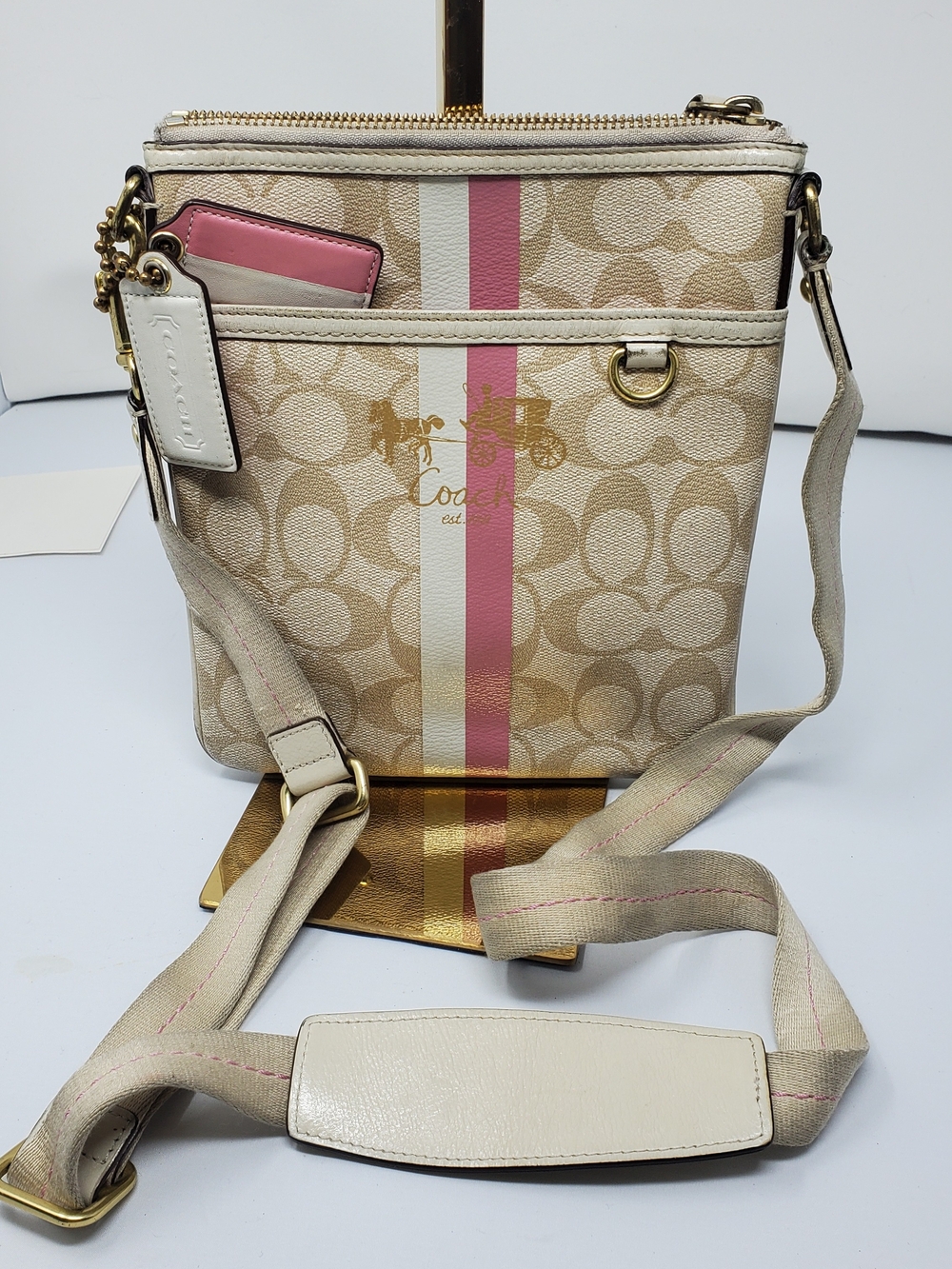 Coach Beige Signature Crossbody with Pink Center Stripe
